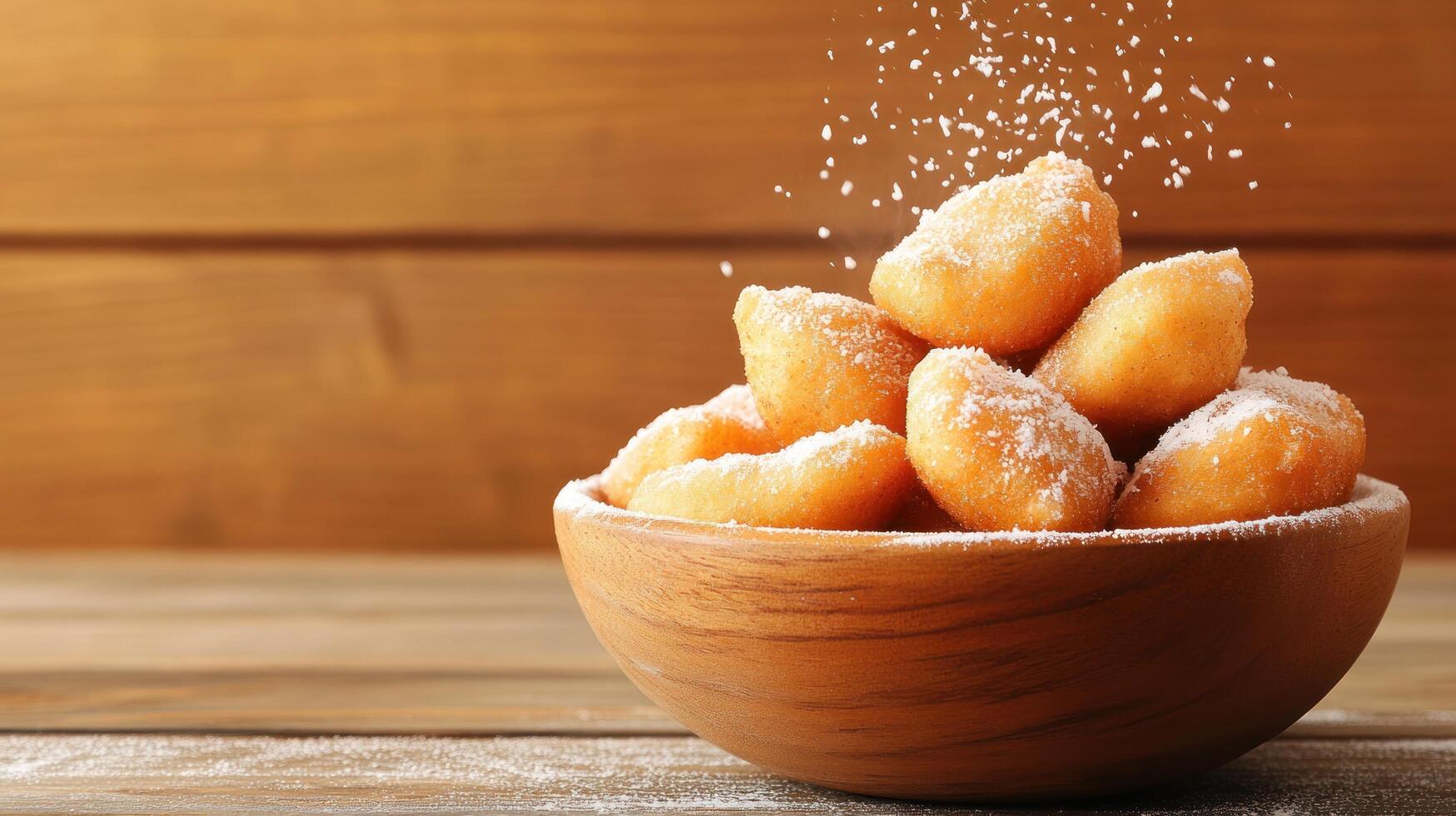 Sugar being poured onto donuts in a wood bowl for a sweet treat, against wood paneling photo