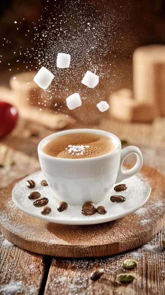 Sugar cubes falling into an espresso on a rustic wooden table, surrounded by scattered coffee beans photo
