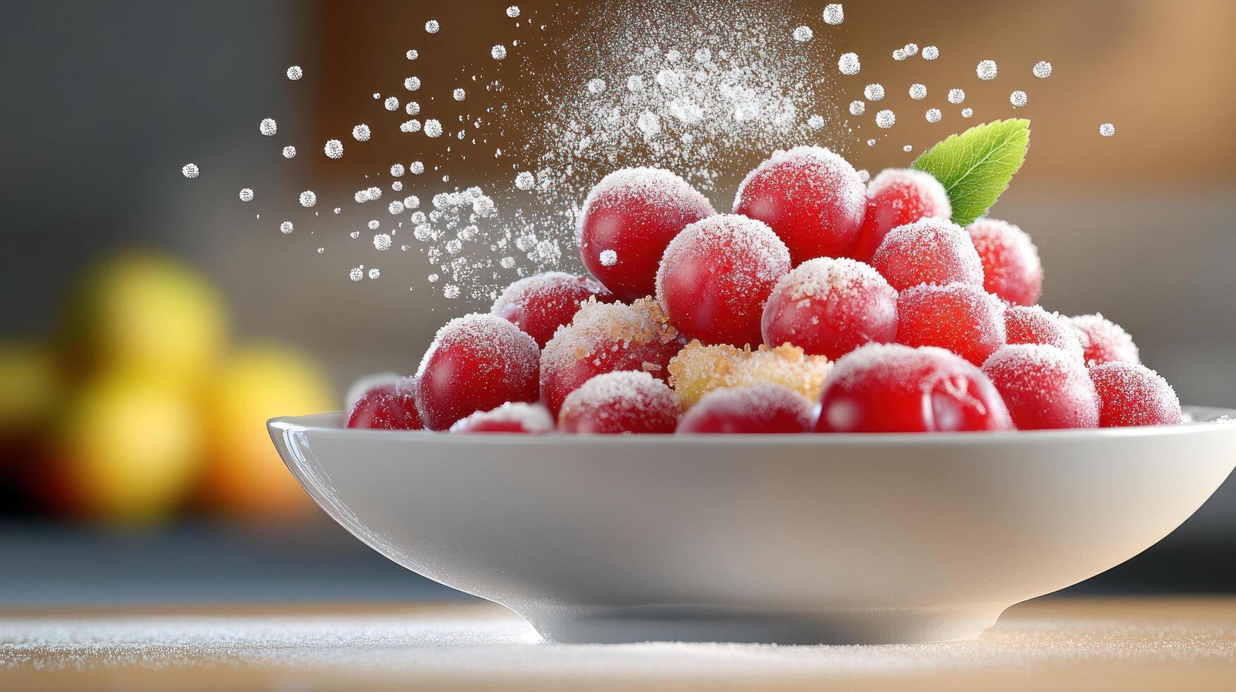 Sugar is sprinkled on fresh red cherries in bowl on a counter. Food photo for recipes