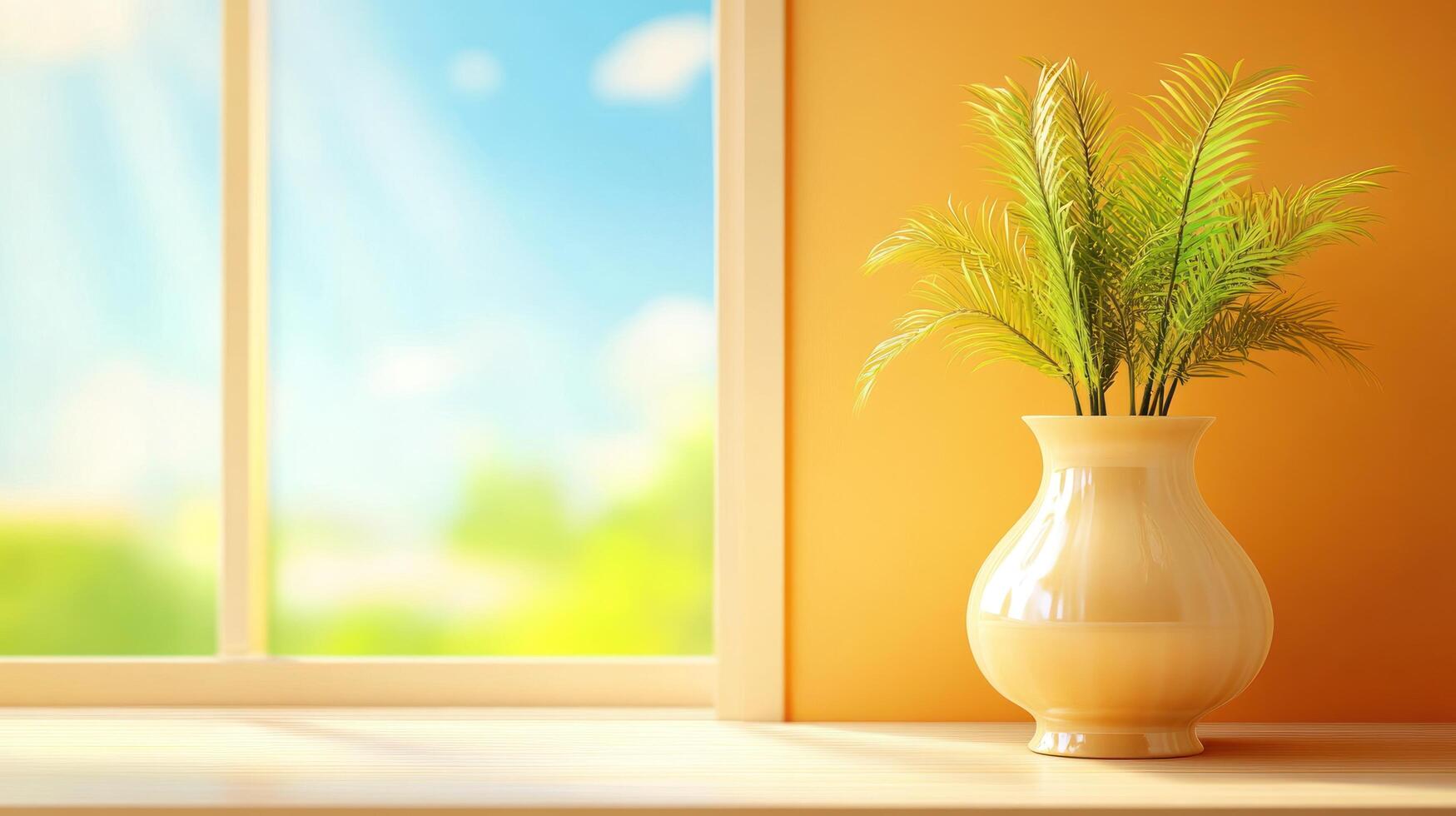 Sunny Interior Plant in vase on a window, with view to bright skies. Use home decor photo
