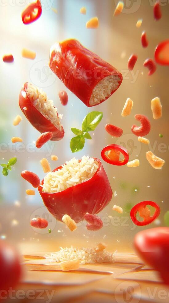 Stuffed red pepper falls onto a table. Rice inside. Food preparation background use photo