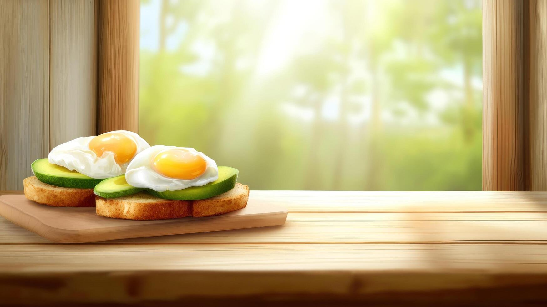Sunny breakfast Avocado toast with eggs on wooden table by window with blurred garden background photo