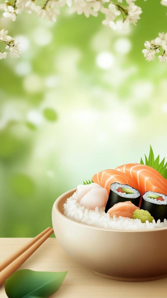 Sushi bowl with salmon and avocado rolls on table, with cherry blossoms background for food blog photo