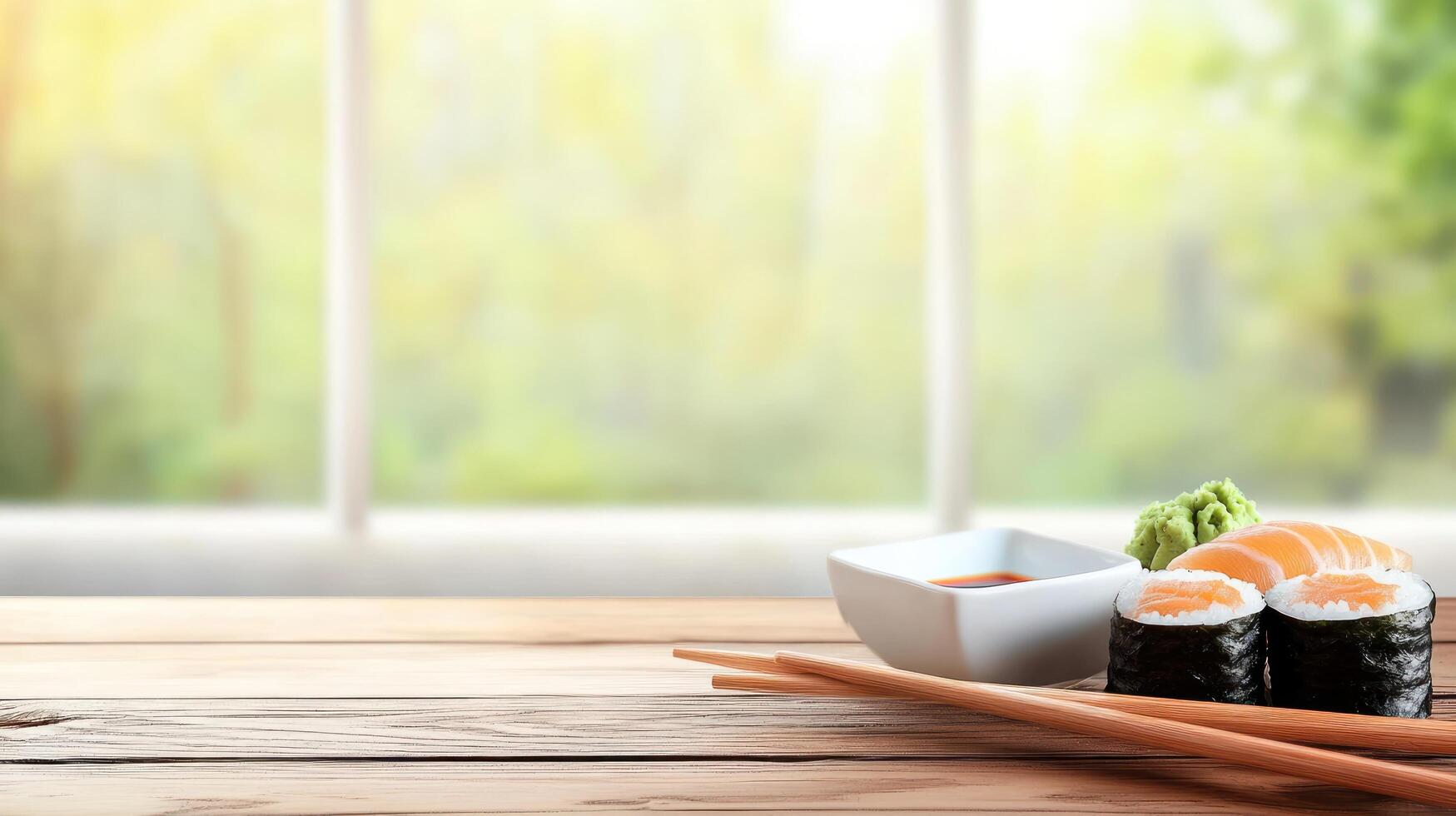 Sushi meal served on wooden table with greenery background. Food content, advert photo