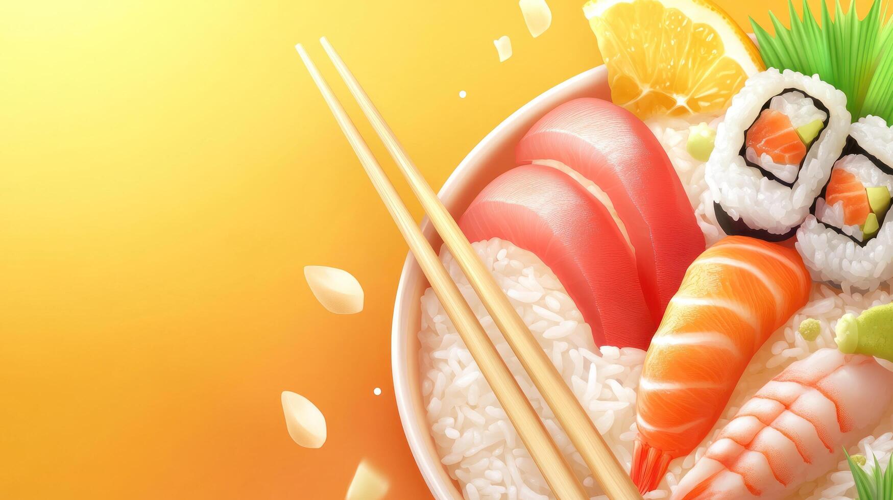 Sushi bowl with tuna, salmon, orange slice, and chopsticks on a yellow background for lunch photo