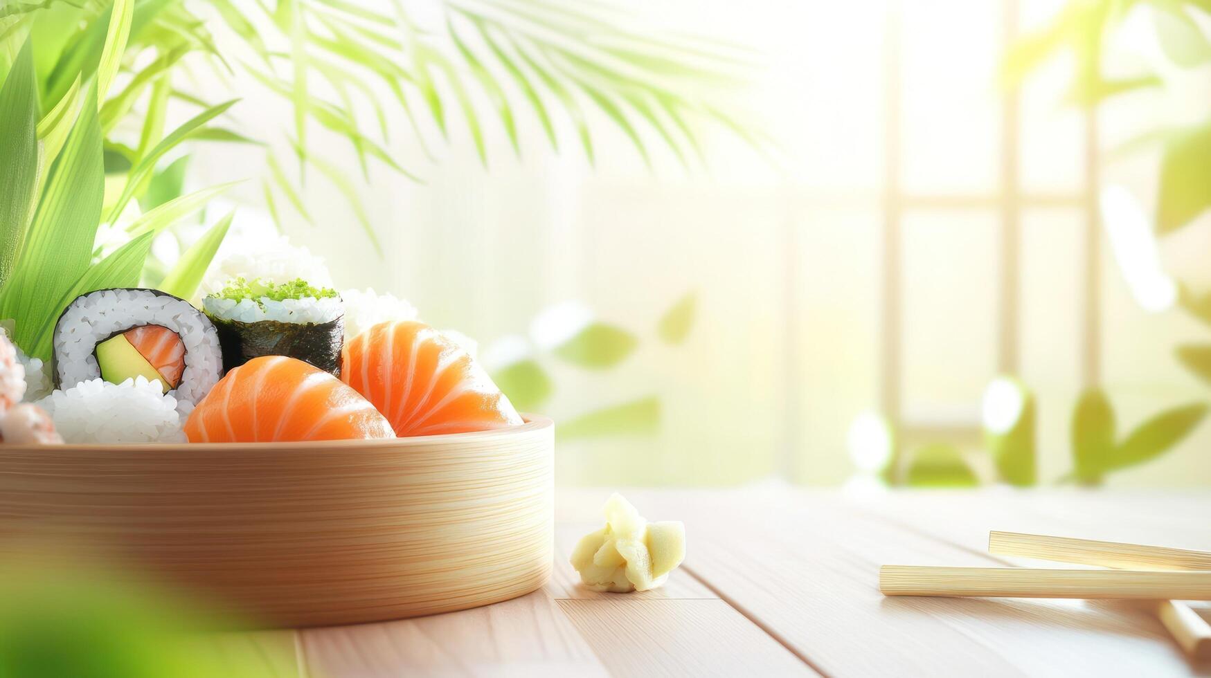 Sushi meal with salmon, avocado rolls, and ginger on the table against green plants. Food blog photo