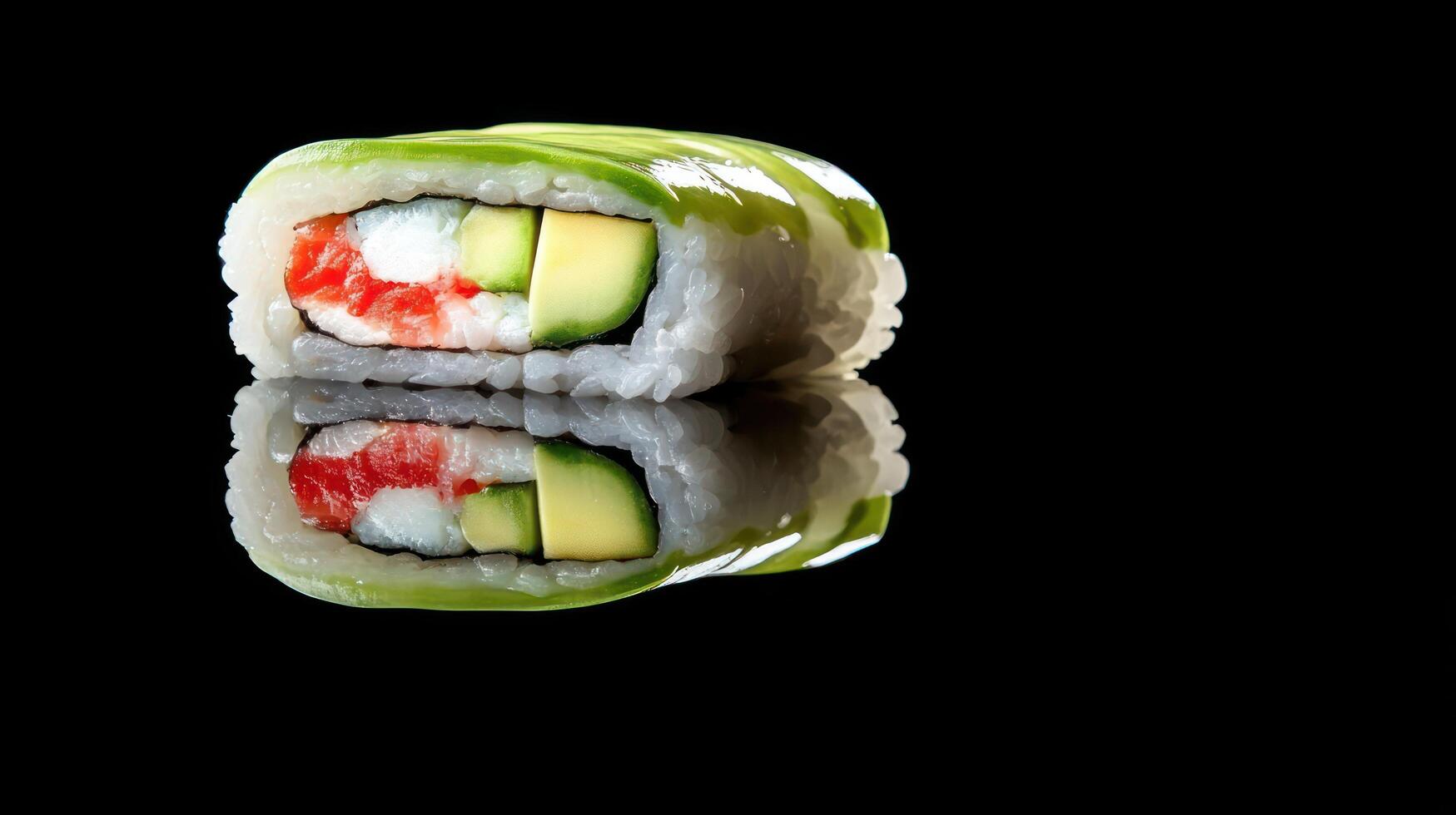 Sushi roll with avocado and cream cheese. Close-up shot on black background. For culinary photo