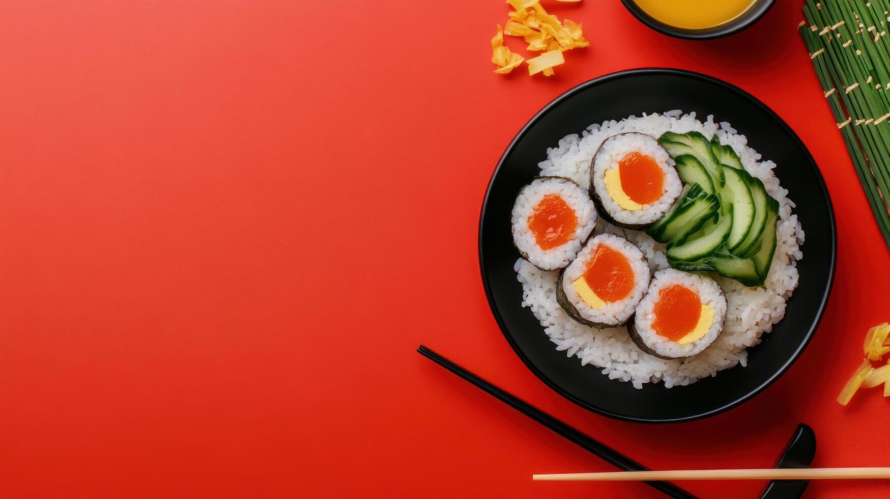 Sushi meal on red background. Japanese cuisine presentation. Restaurant or dinner setting photo