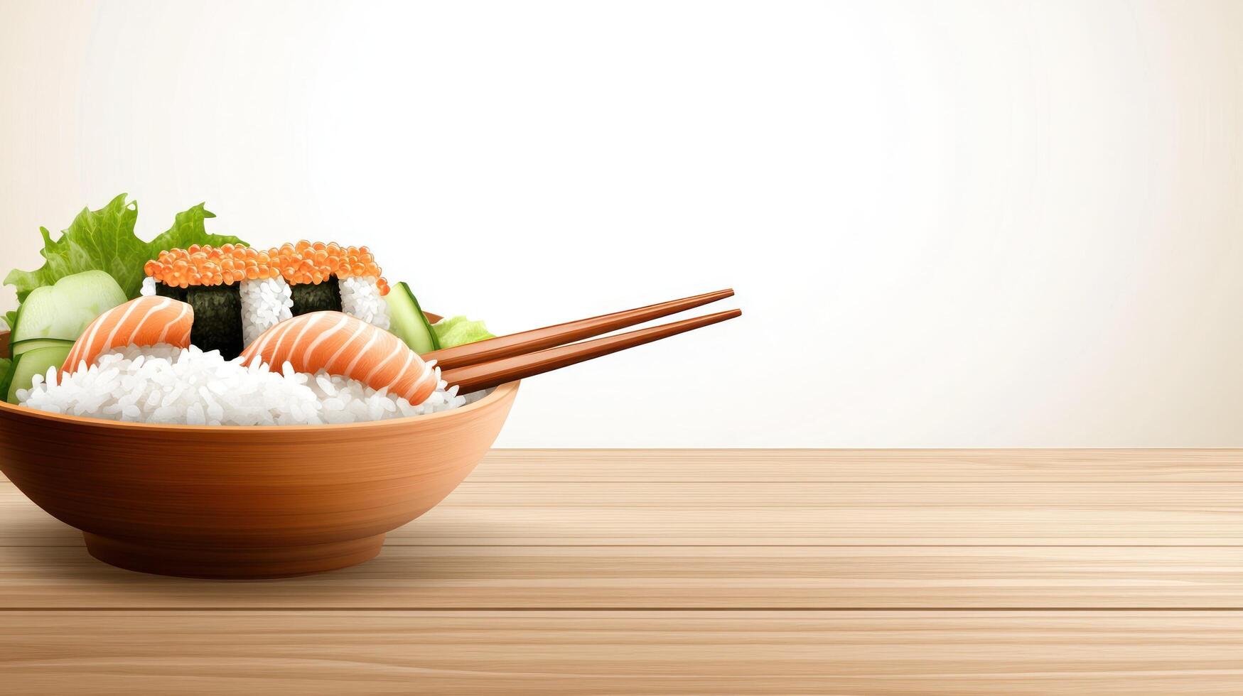 Sushi plate on wooden table, salmon, rice, vegetables, chop sticks, eat. Possible menu photo