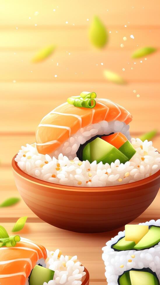 Sushi roll with rice bowl and floating leaves. Food ads or backgrounds photo