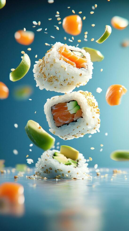 Sushi rolls hover as ingredients fall around it. Great for food ads, blogs, and social media photo