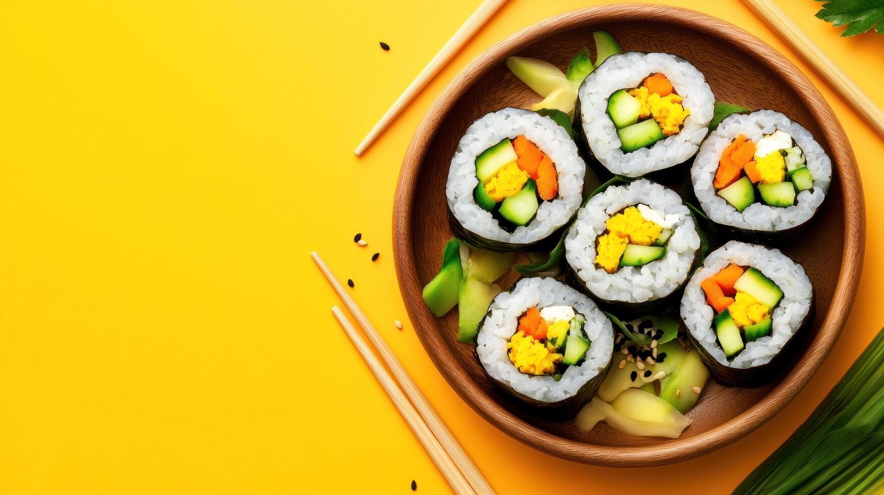 Sushi rolls with vegetables on wooden plate with chopsticks, on a yellow background. For healthy meal photo