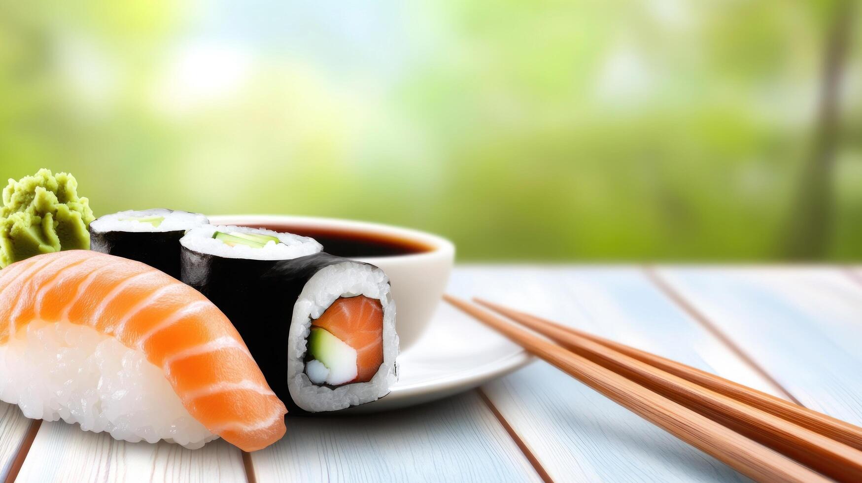 Sushi served with chopsticks and soy sauce on a white plate against a green blurry background photo