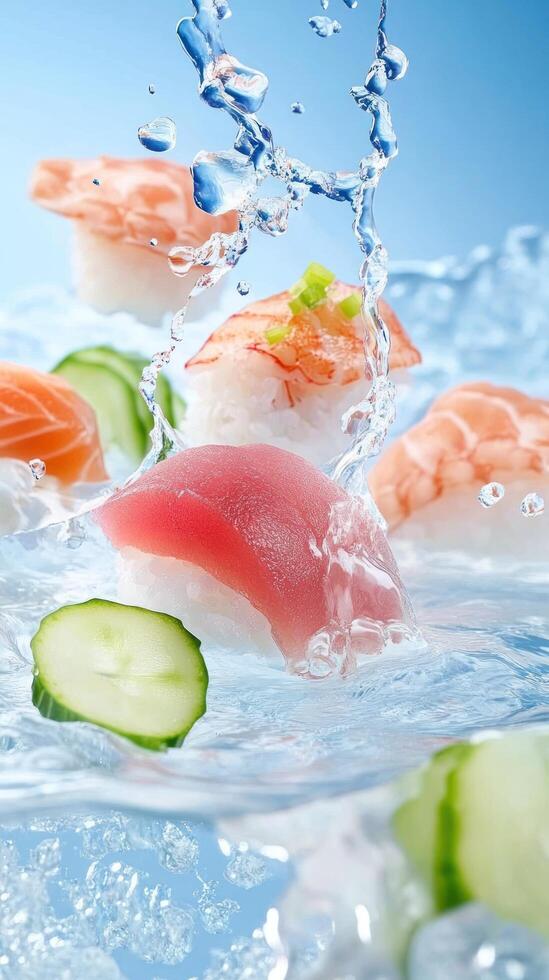 Sushi selection with splashing water on ice. Appetizing food photography for menu photo