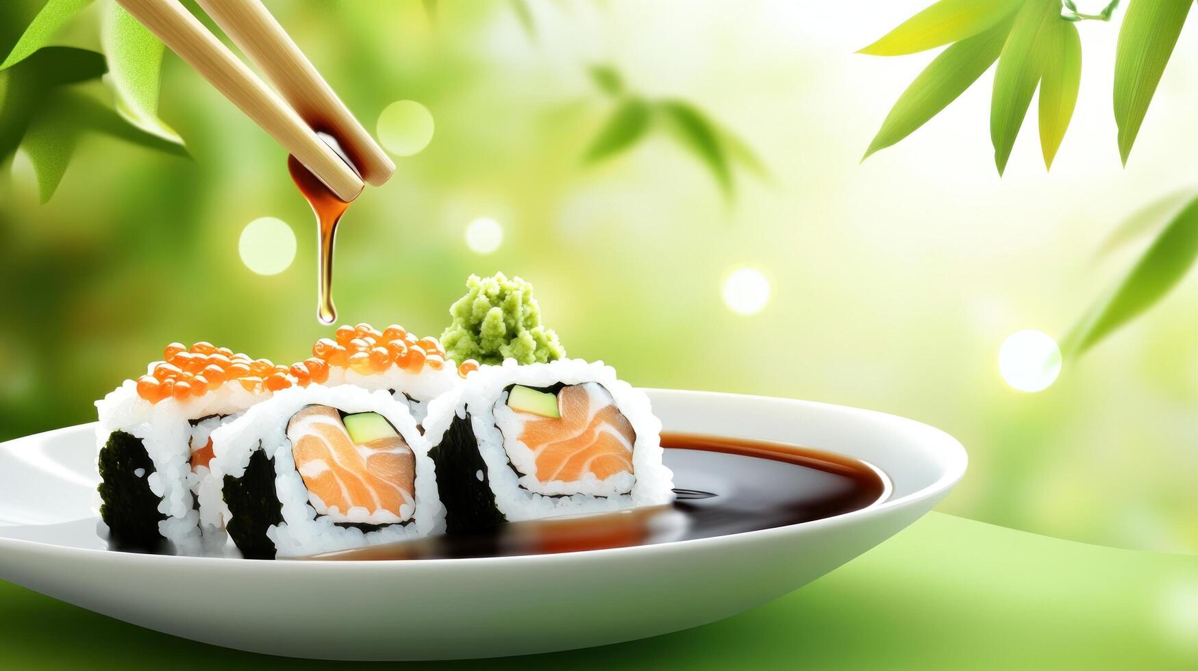 Sushi served on plate, sauce being poured with chopsticks, light bokeh background. Food Ad photo