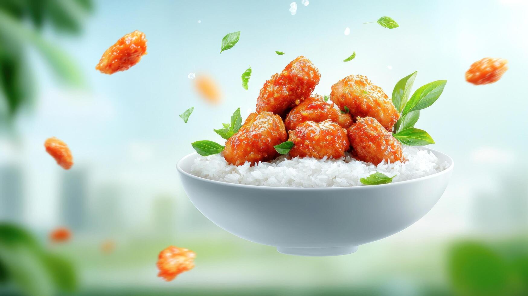 Sweet and sour chicken pieces are over a bowl of rice with basil and leaves falling around photo