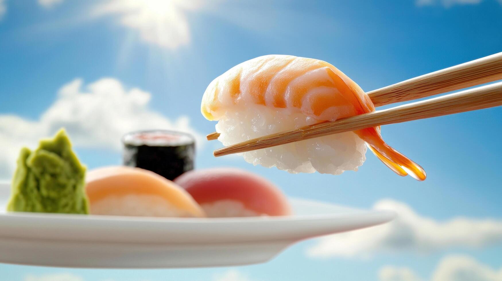 Sushi with salmon and tuna being picked up outdoors with chopsticks white plate against blue sky photo