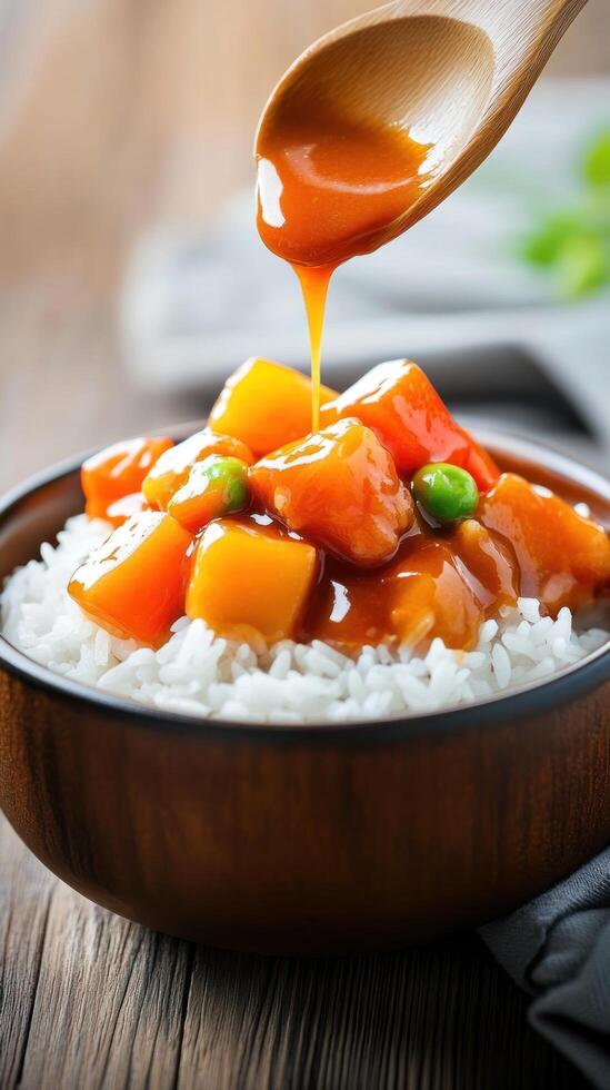 Sweet and sour sauce drips onto rice bowl for lunch. Background blur suggests a home setting photo