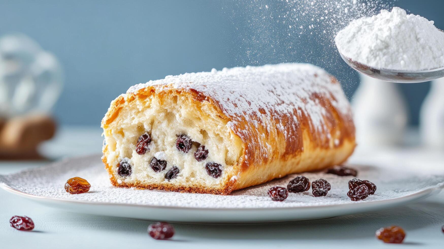 Sweet bread roll with raisins being dusted with sugar for dessert or holiday baking photo