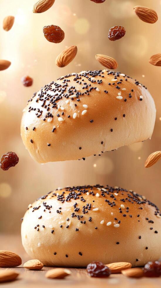 Sweet buns with poppy seeds and almonds. Falling food for breakfast. Food photography photo