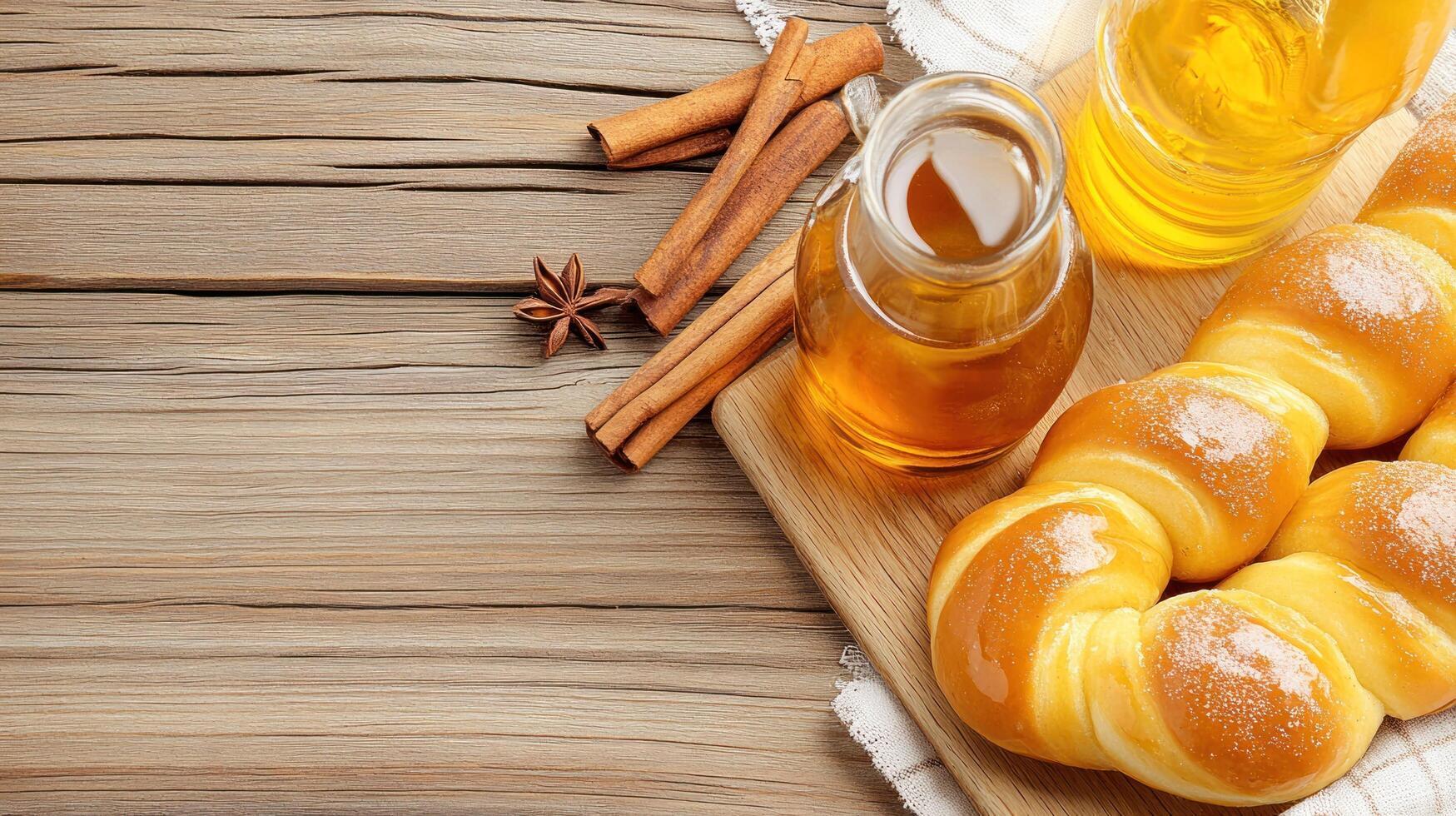 Sweet bread and spices, fresh from oven, on wooden table. Copy space on the left, food photography photo
