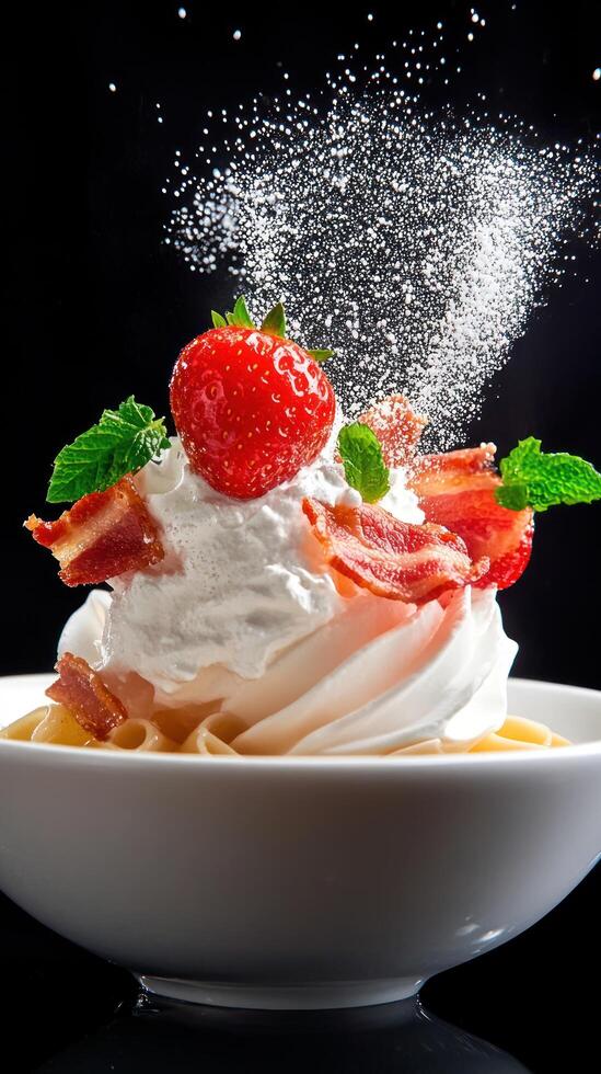 Sweet delight on a black background. Strawberry, cream, bacon, and mint dessert. Food blog photo