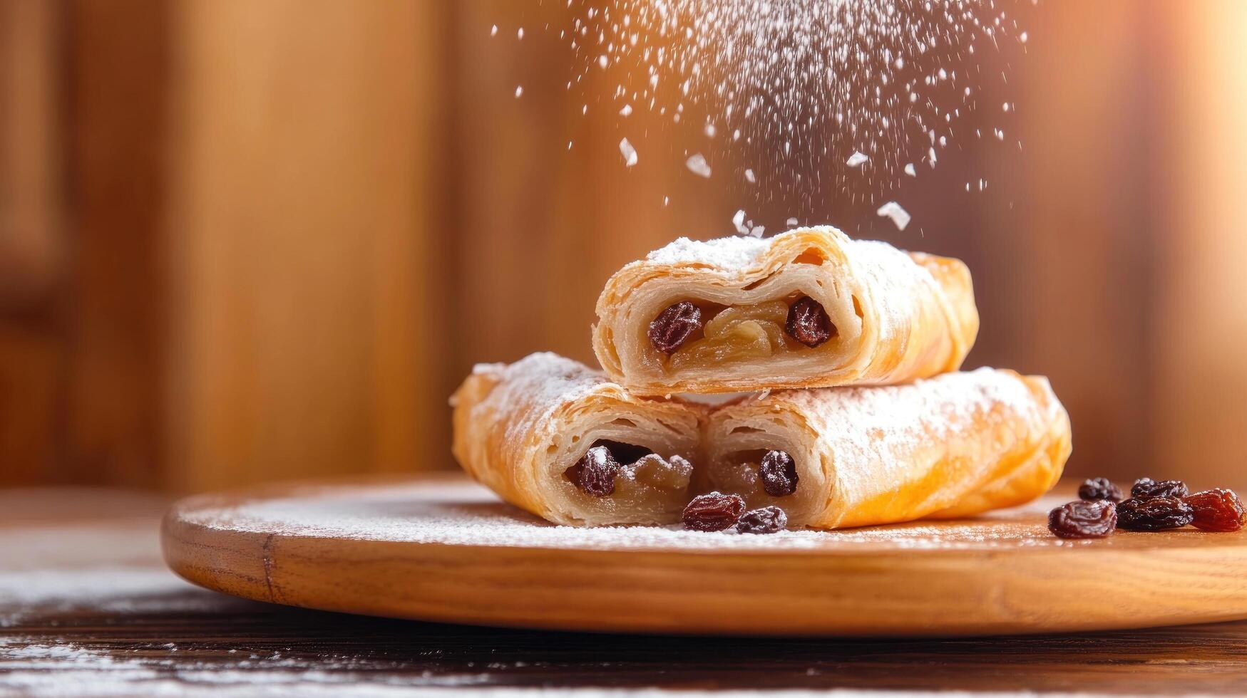 Sweet pastries with raisin filling dusted with icing sugar, in a home setting, for blog photo