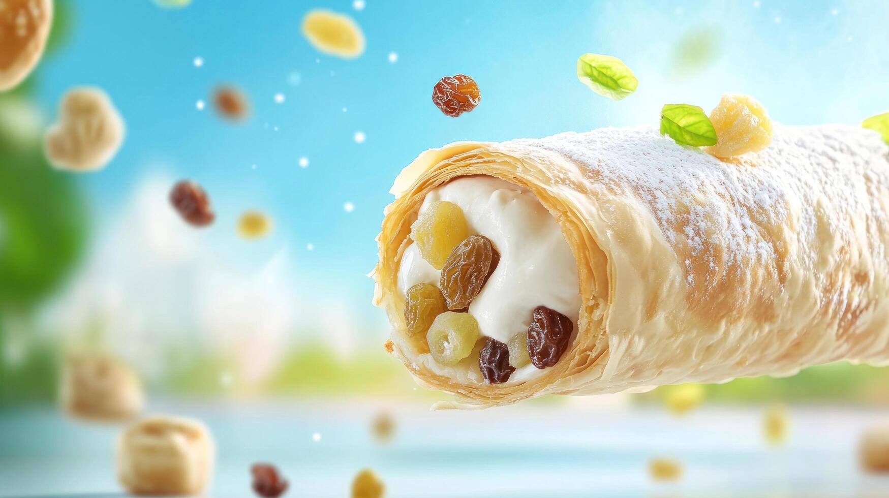 Sweet roll with filling floats in air in garden on sunny day. Food product ad photo
