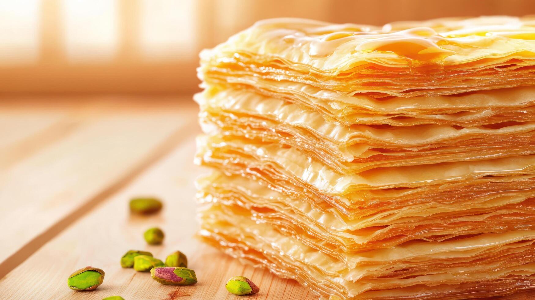 Sweet pastry layers and nuts on wood, with light background, for dessert menu photo