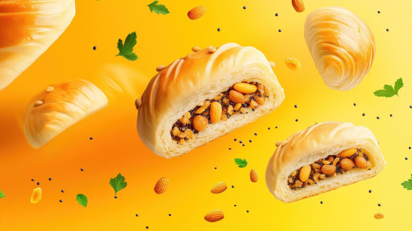 Sweet rolls filled with nuts float on a yellow gradient backdrop. Perfect for breakfast photo
