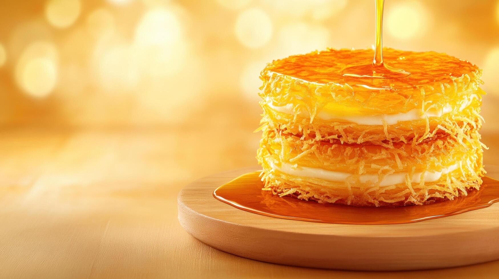 Syrup being poured over a layered dessert with a bokeh background, sweet treat advertising photo