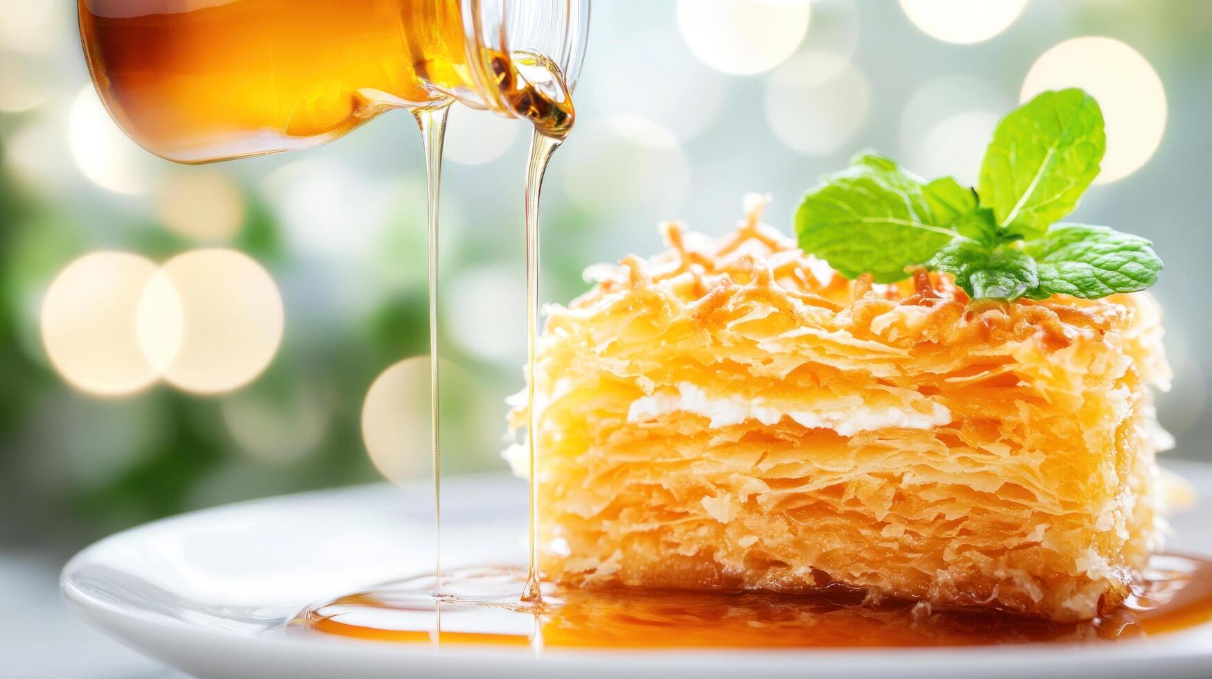 Syrup pouring over dessert, mint leaf garnish, bokeh background, for culinary content, food blog photo