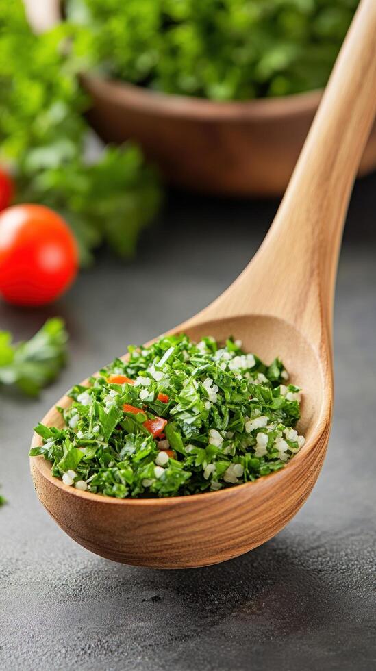 Tabbouleh salad on wooden spoon, showcasing dish, and use of healthy ingredients photo