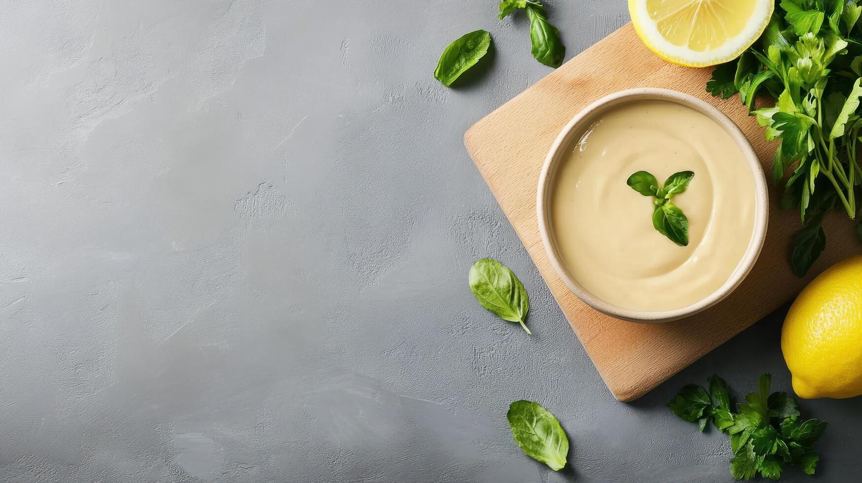 Tahini sauce served on a wooden board, placed on a table with lemon and parsley, shot from above photo