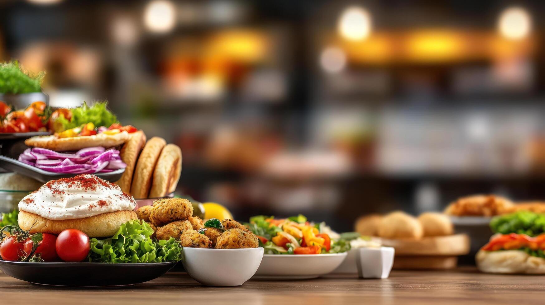 Table setting, food assortment in a restaurant for an event or menu. People in the background photo