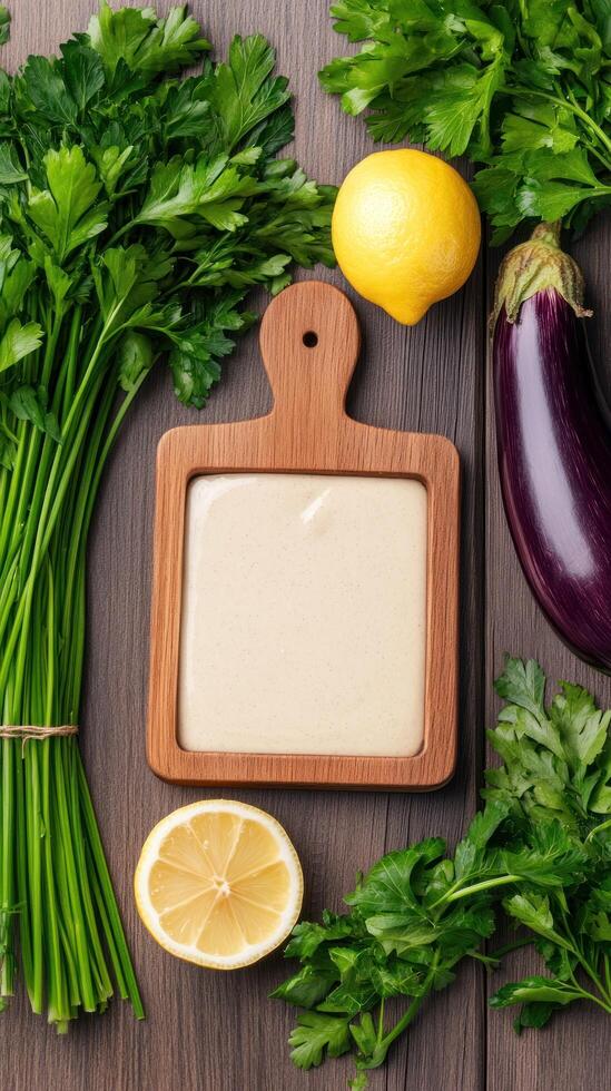 Tahini on wood board. Lemon, aubergine, parsley background, may be used for food blog illustration photo
