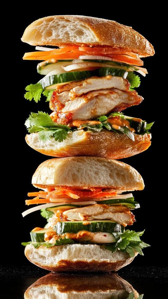 Tall sandwich with chicken, vegetables, and sauce on a black background for a restaurant menu photo