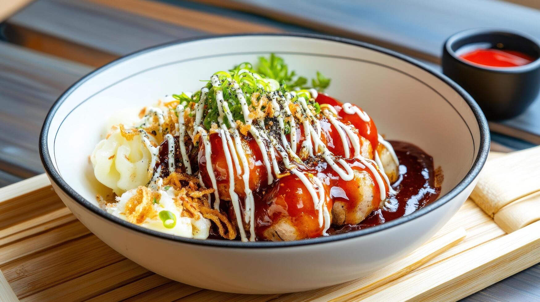 Takoyaki with sauce and toppings. Delicious dish for lunch or dinner, served at the restaurant photo