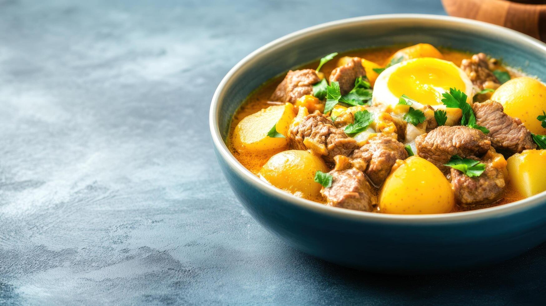 Tasty beef stew with potato and egg in bowl for lunch. Home cooking and food photography use photo