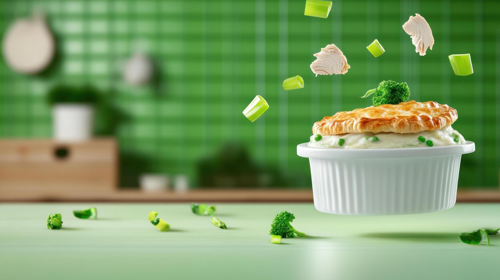 Tasty chicken pot pie with vegetables in a green kitchen floating for a food blog post photo