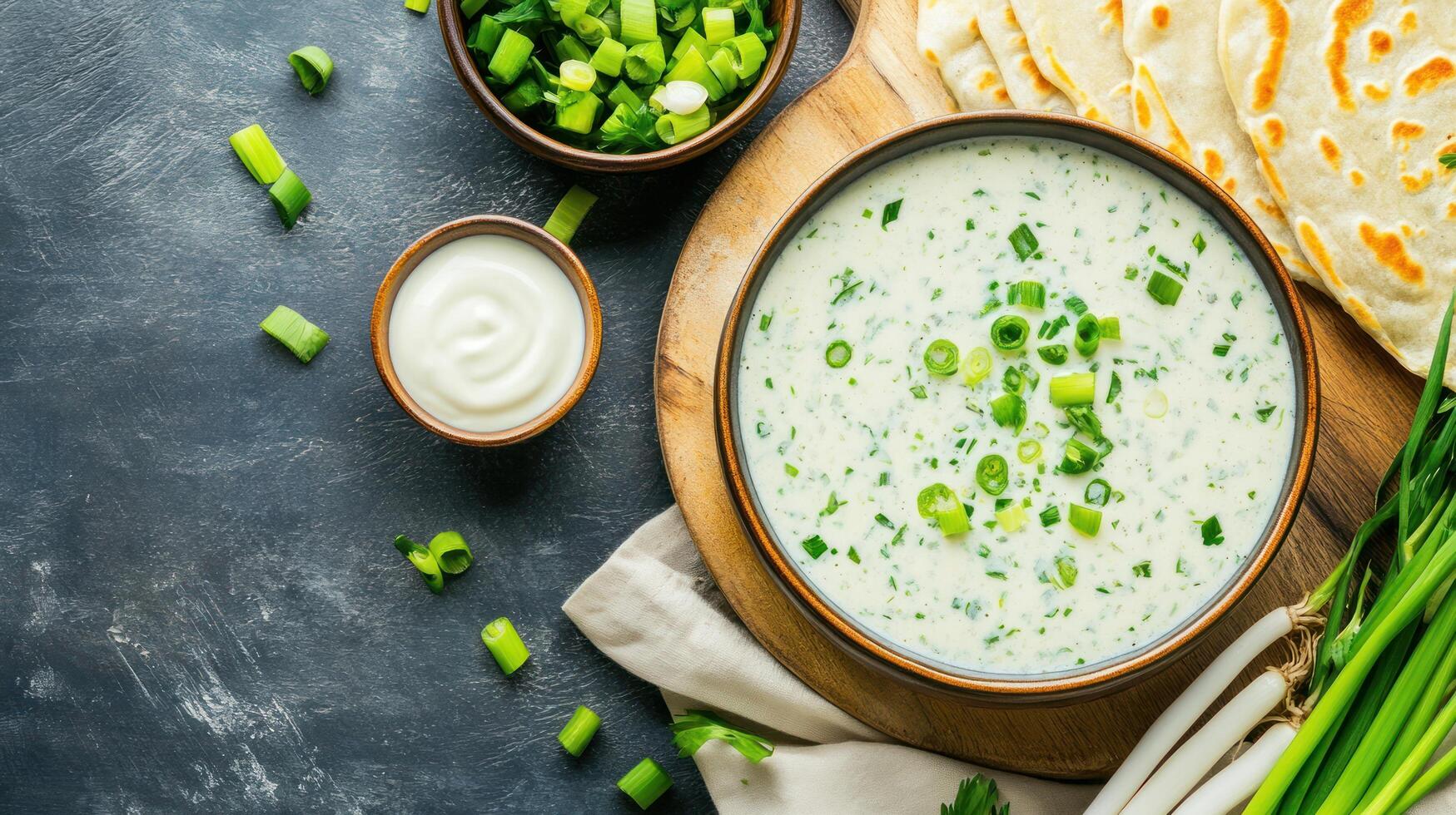 Tasty cold soup with herbs flatbread served at a dark table on a wood board photo