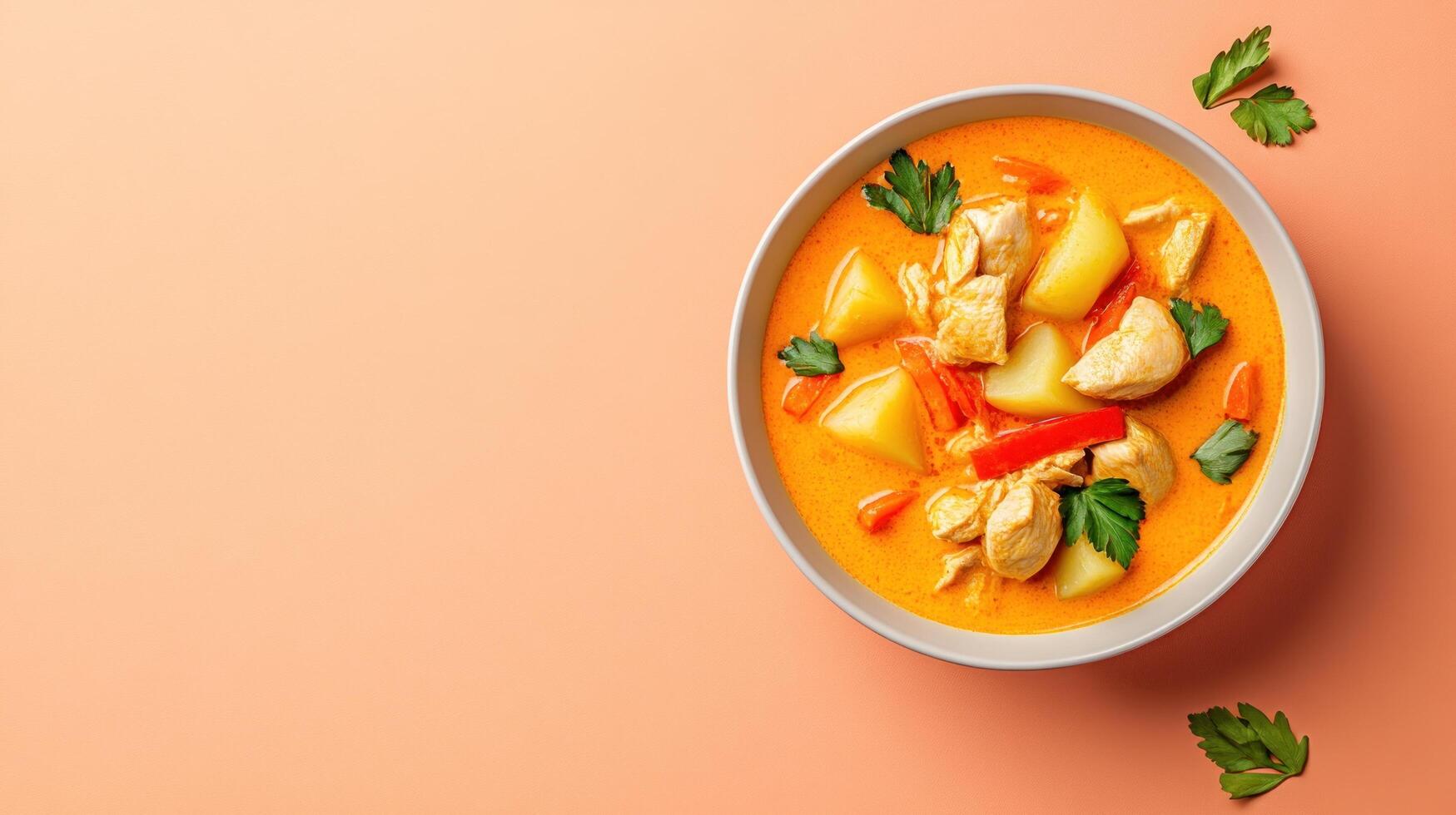 Tasty chicken stew in bowl with vegetables on peach background for restaurant menu or food blog photo