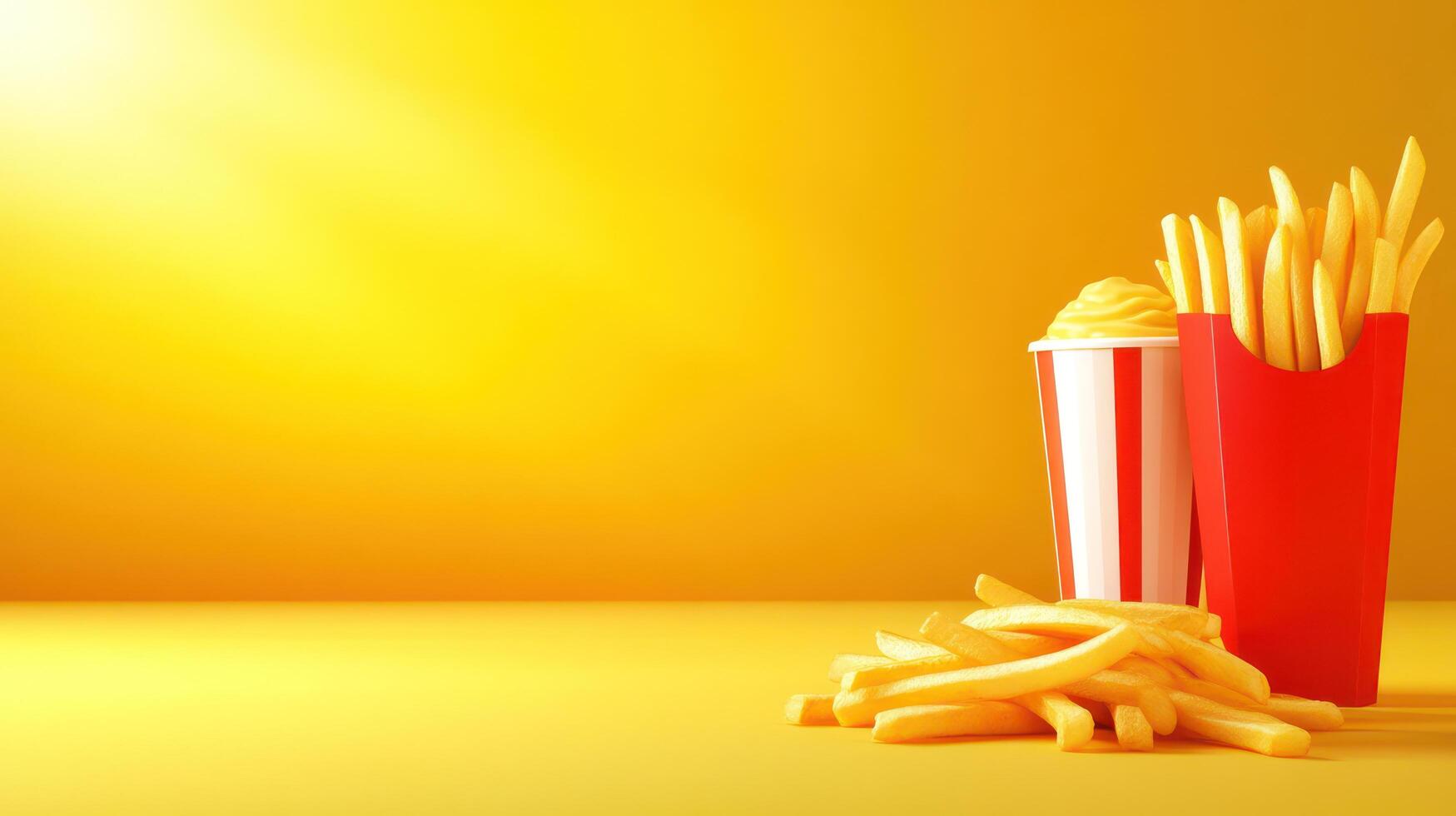 Tasty french fries served with sauce on a vibrant yellow background for restaurant menu photo