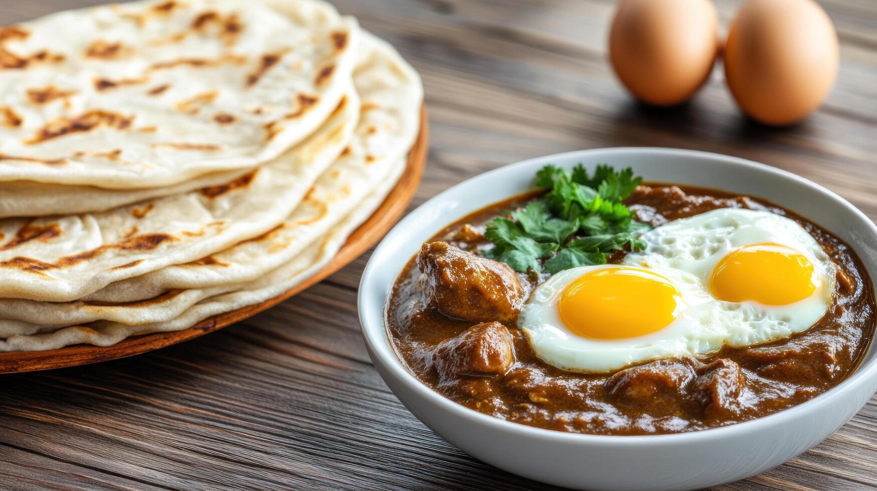 Tasty dish with flatbread, served on a wooden table, for food blogs or restaurant menu use photo