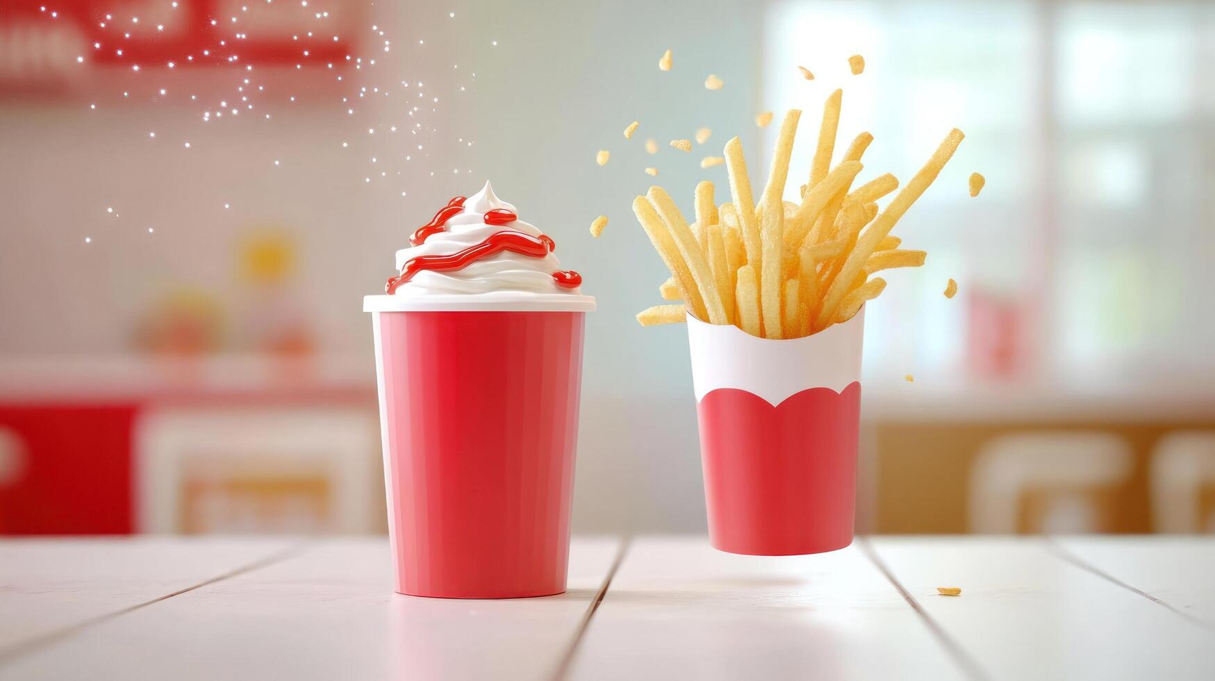 Tasty fries and sundae cup for ads. In blurred background, sweet and salty snack to promote cafe photo