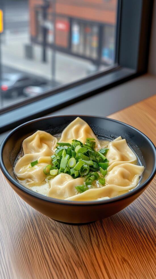 Tasty dumplings with scallions in a black bowl near a window can be used in menus photo