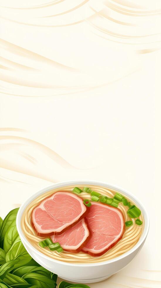 Tasty noodle dish with sliced meat and greens on a neutral wavy background for a restaurant menu photo