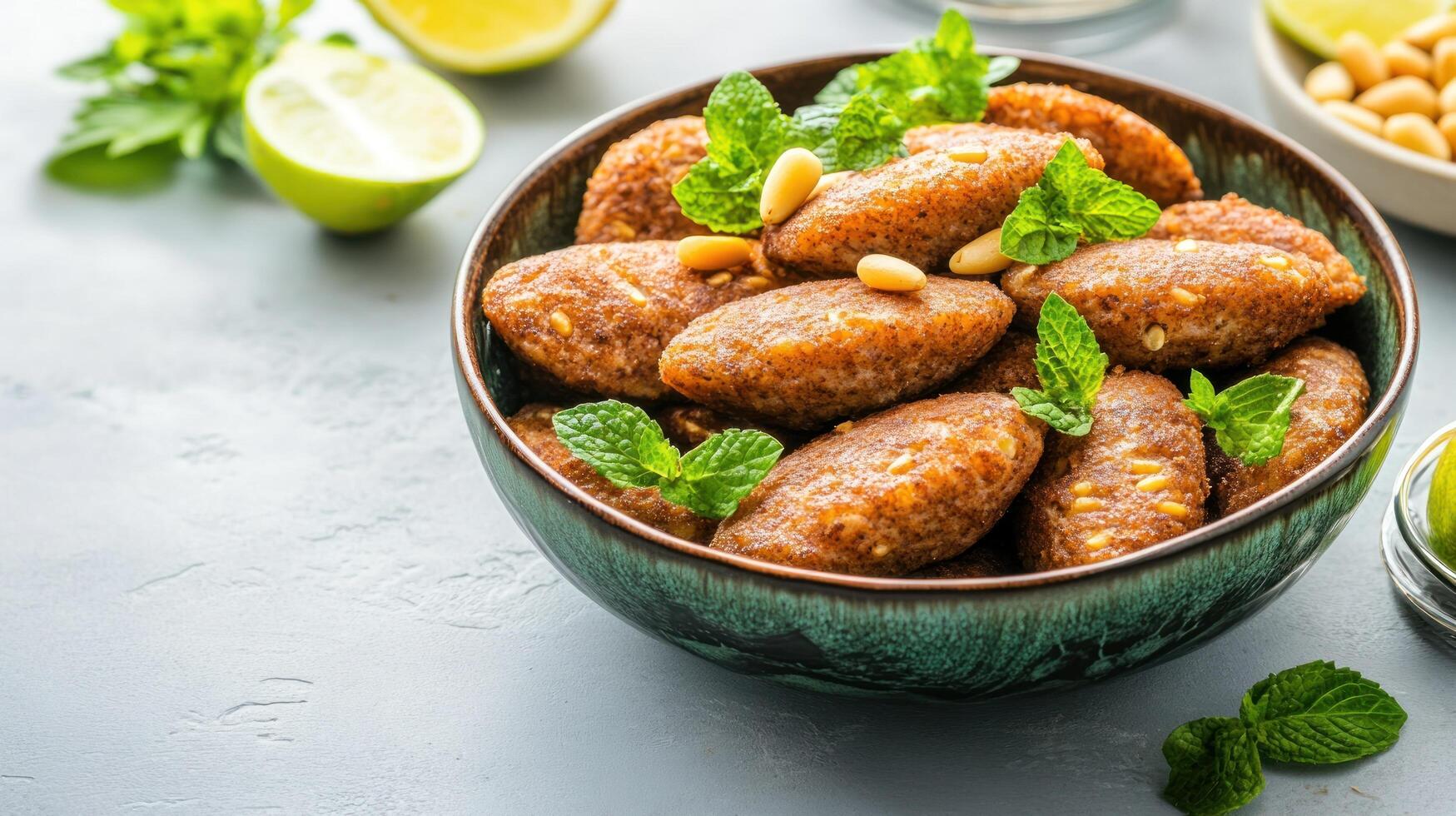 Tasty kibbeh in a bowl, garnished with mint. Light background with lemons, nuts. Food photography for blog photo