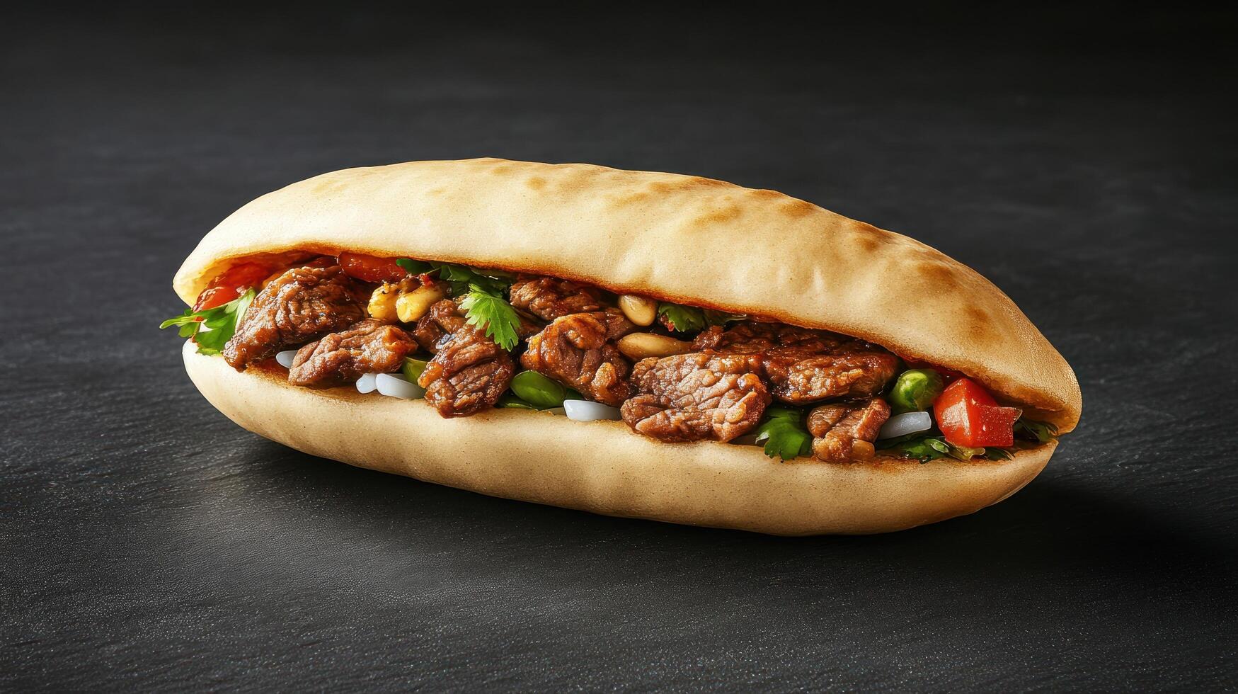 Tasty meat sub sandwich, filled with fresh herbs, onions, and vegetables, on black background photo