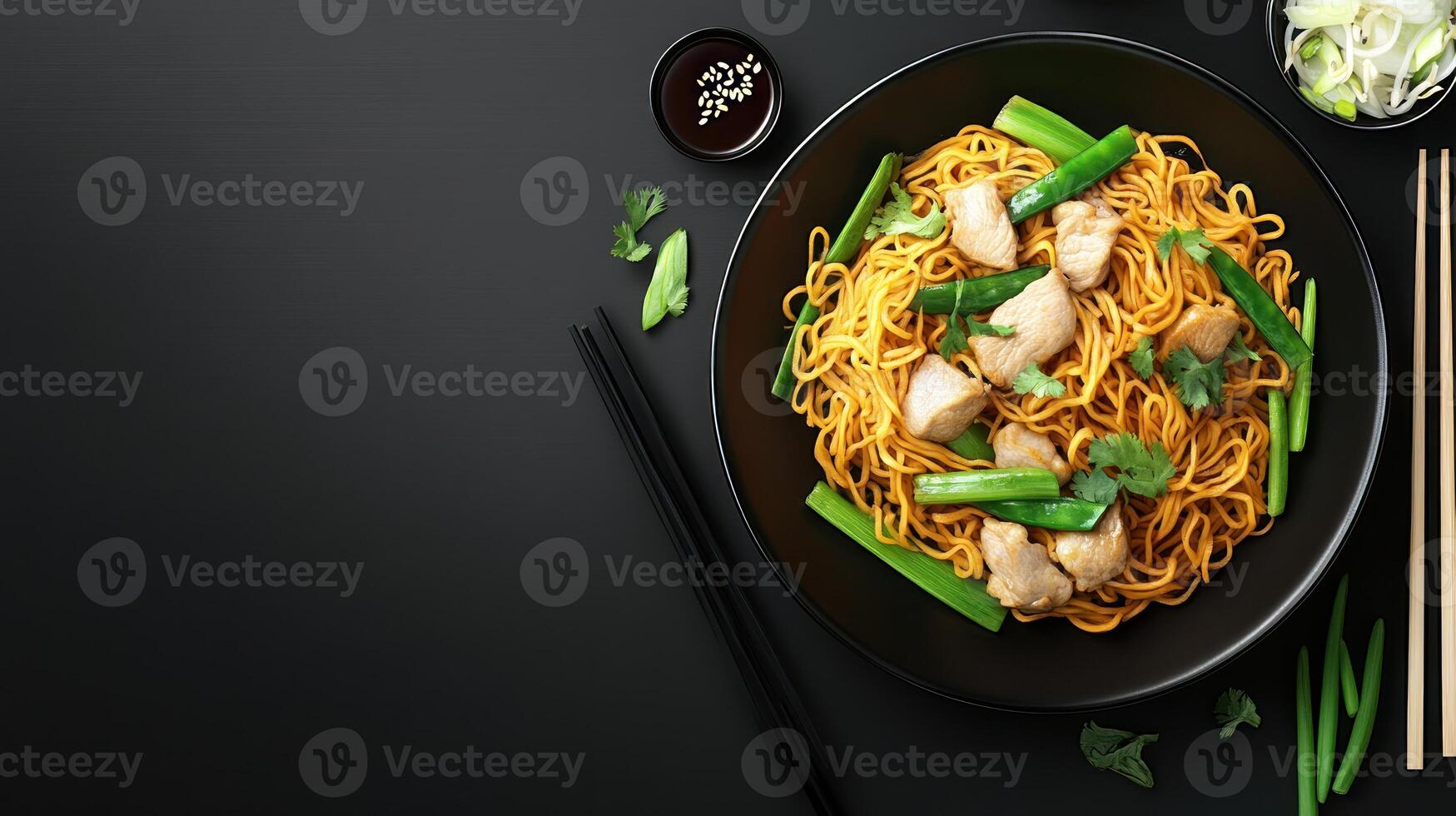 Tasty noodles with chicken veggies in black bowl on dark table for food blog or menu, top view photo
